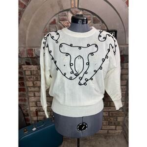 Sweater 1980s dolman sleeve white black swirls pearl sparkle